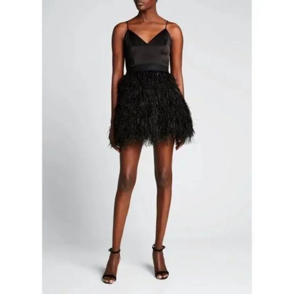 Alice + Olivia Black Milany Spaghetti Strap Ostrich Feather Party Dress - Picture 13 of 13